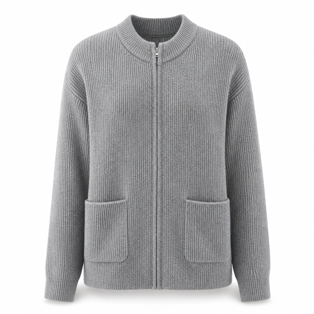 Women's Zip Up Knit Jacket Cozy Round Neck Sweater Pockets