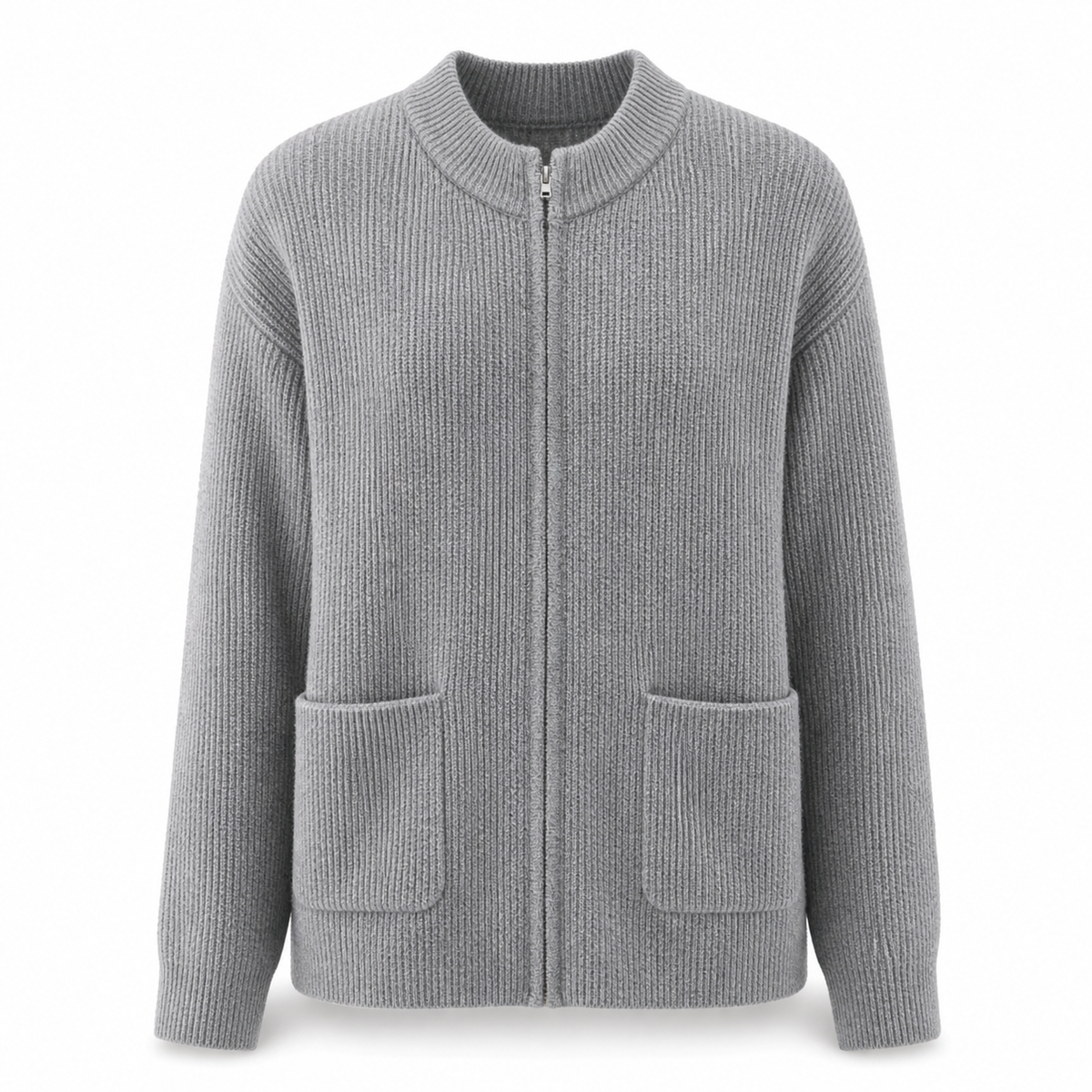 Women's Zip Up Knit Jacket Cozy Round Neck Sweater Pockets
