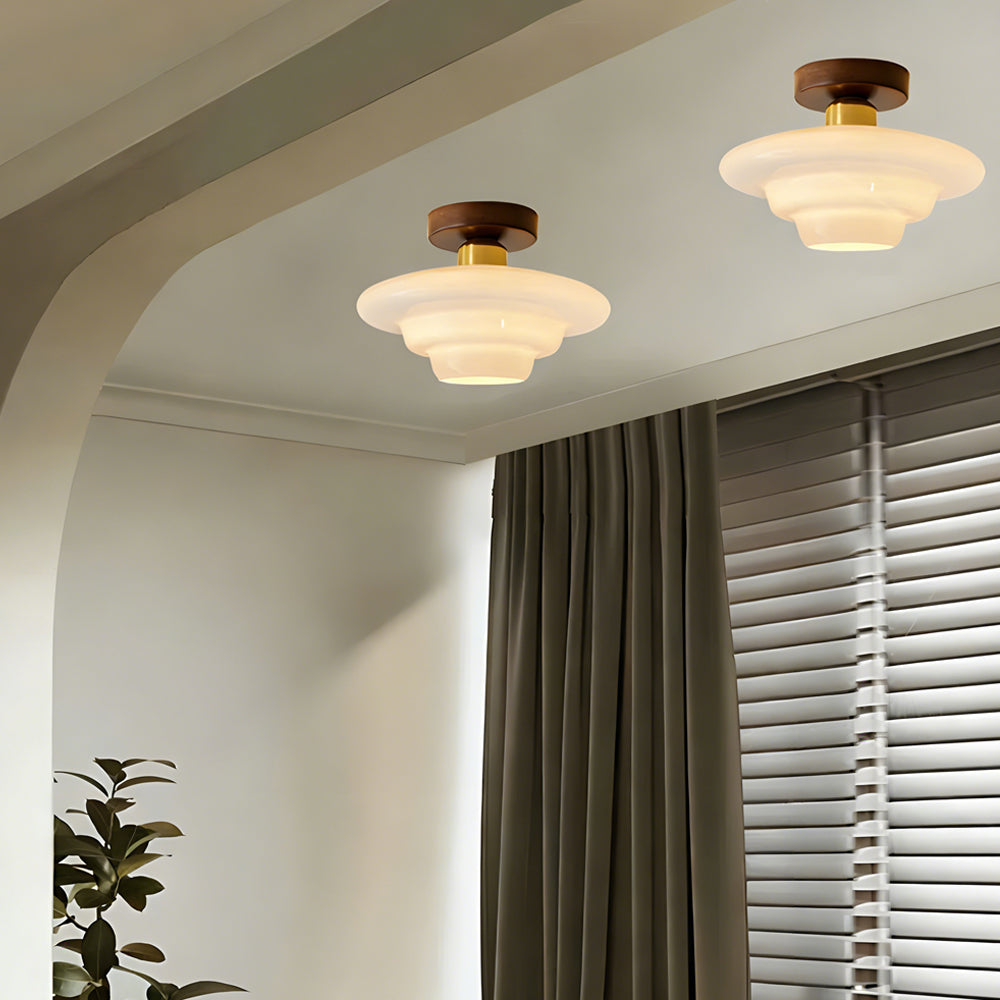Scandinavian Walnut Wood Glass Flush Mount Ceiling Lamp - Image 2