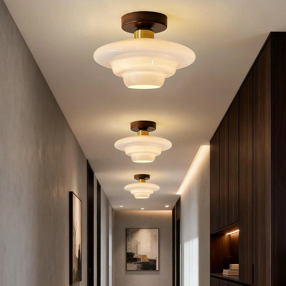 Scandinavian Walnut Wood Glass Flush Mount Ceiling Lamp - Image 3