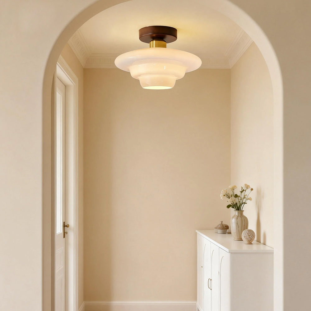 Scandinavian Walnut Wood Glass Flush Mount Ceiling Lamp - Image 4