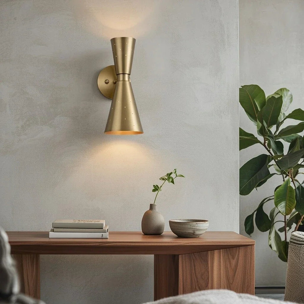 Mid Century Hourglass Metal Wall Sconce Perforated Shades - Image 5