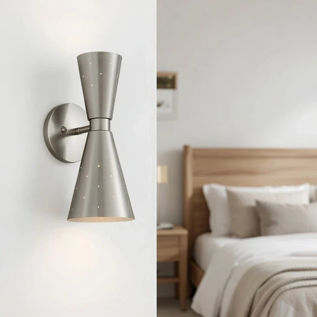 Mid Century Hourglass Metal Wall Sconce Perforated Shades - Image 6