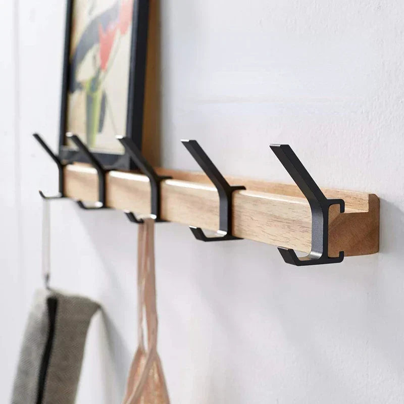 Wall Mounted Coat Rack Entryway Adjustable Dual Hooks Black Wood