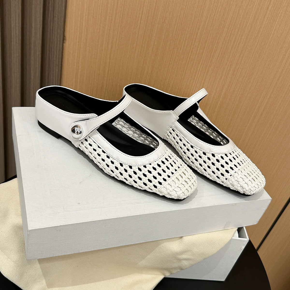 Women's woven Square-Toe Mules Woven Square Toe Slip On Flats