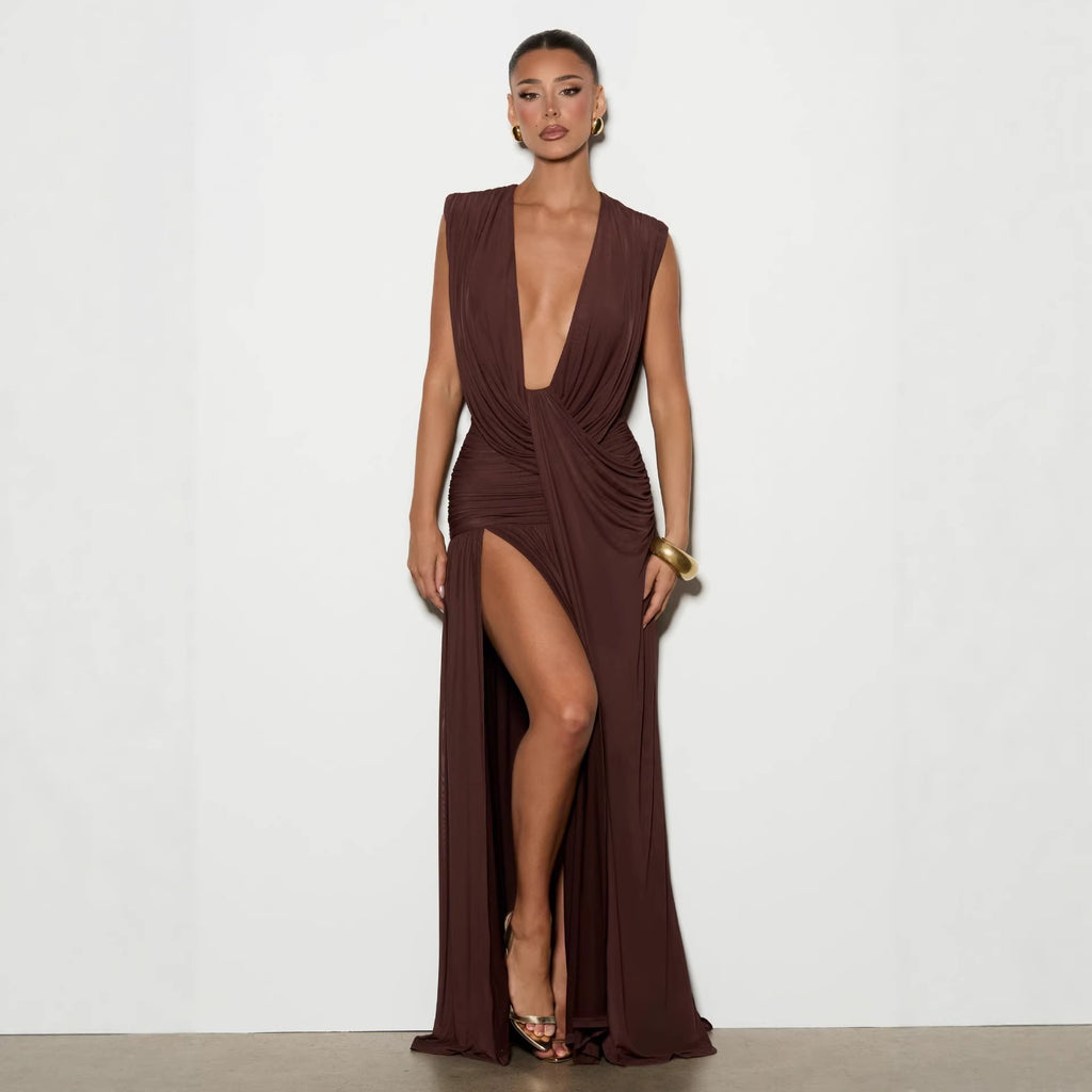 Deep V Neck Midi Dress Bodycon Asymmetrical Ruched Cocktail - Image 2