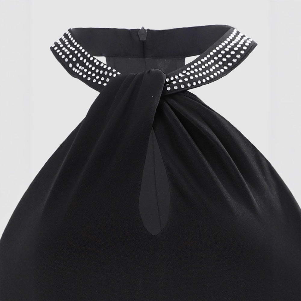 Black Bodycon Dress Sleeveless Rhinestone Club Mini Dress
