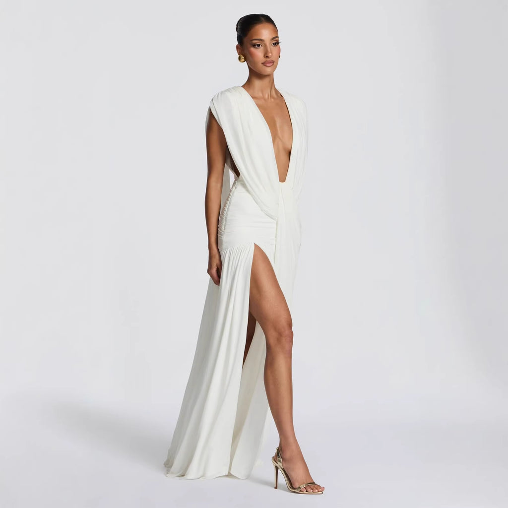 Deep V Neck Midi Dress Bodycon Asymmetrical Ruched Cocktail - Image 4