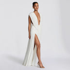 Deep V Neck Midi Dress Bodycon Asymmetrical Ruched Cocktail - Image 4