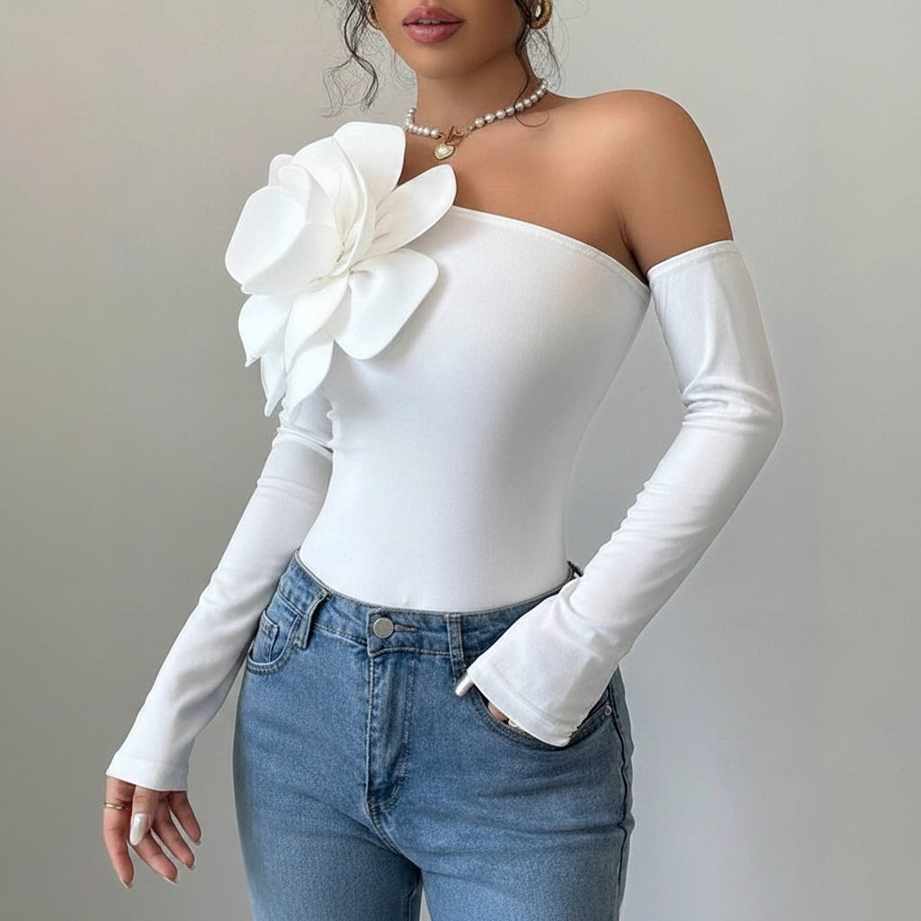 One Shoulder Bodysuit Long Sleeve Asymmetrical Party Top Elegant Sexy
