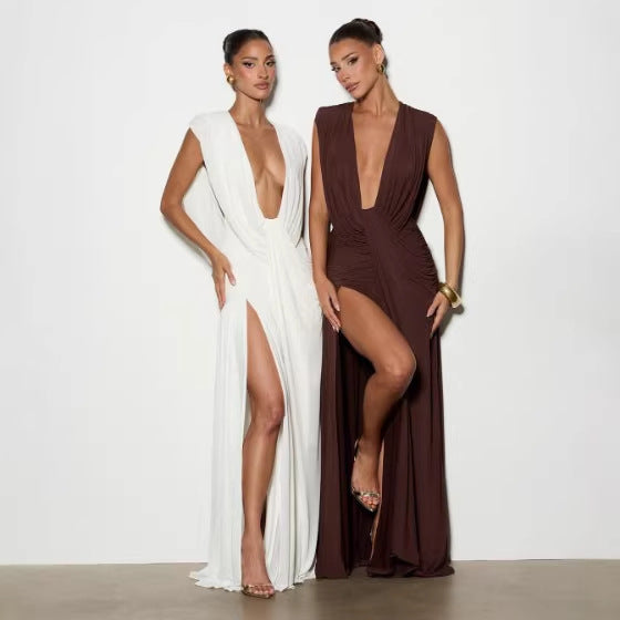 Deep V Neck Midi Dress Bodycon Asymmetrical Ruched Cocktail