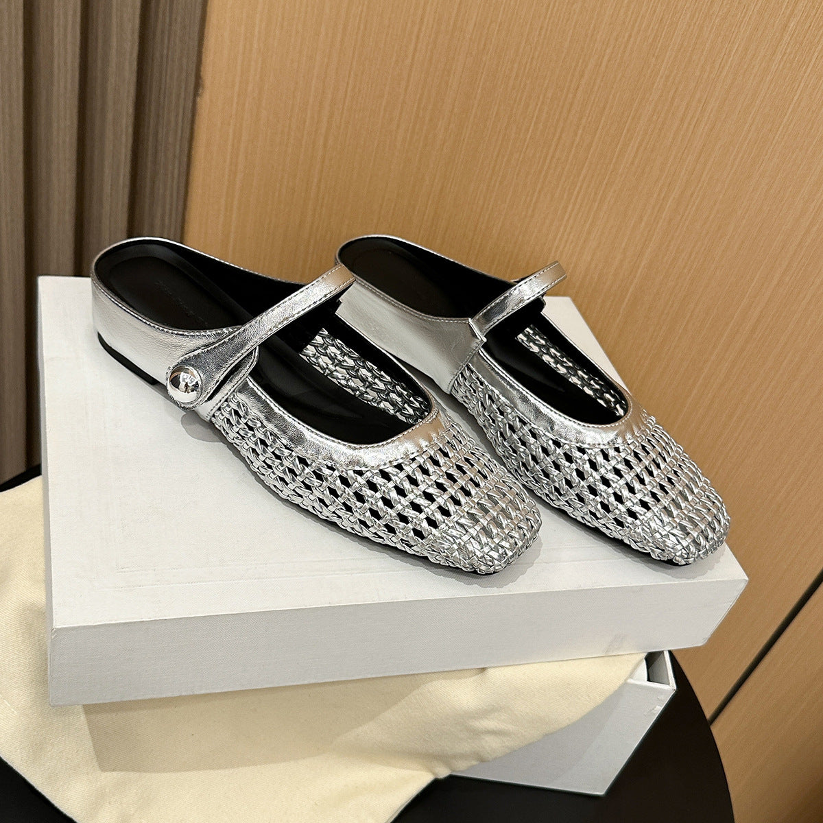 Women's woven Square-Toe Mules Woven Square Toe Slip On Flats