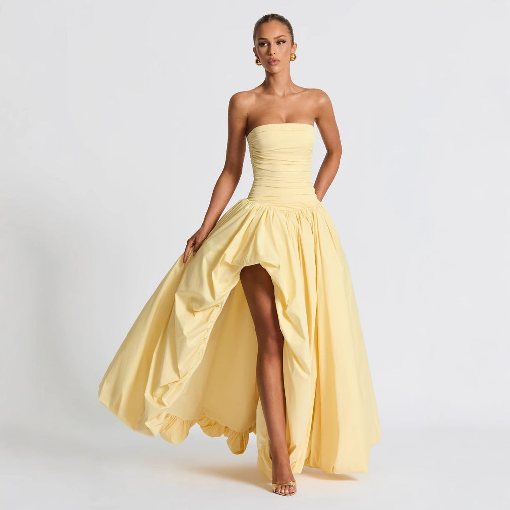 Strapless Ruched Maxi Dress Bodycon Solid Color Summer Party