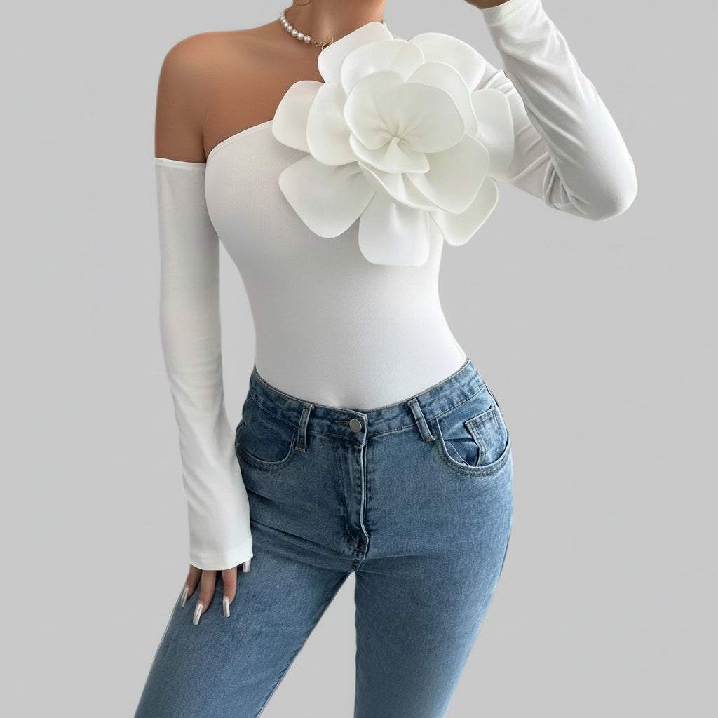 One Shoulder Bodysuit Long Sleeve Asymmetrical Party Top Elegant Sexy