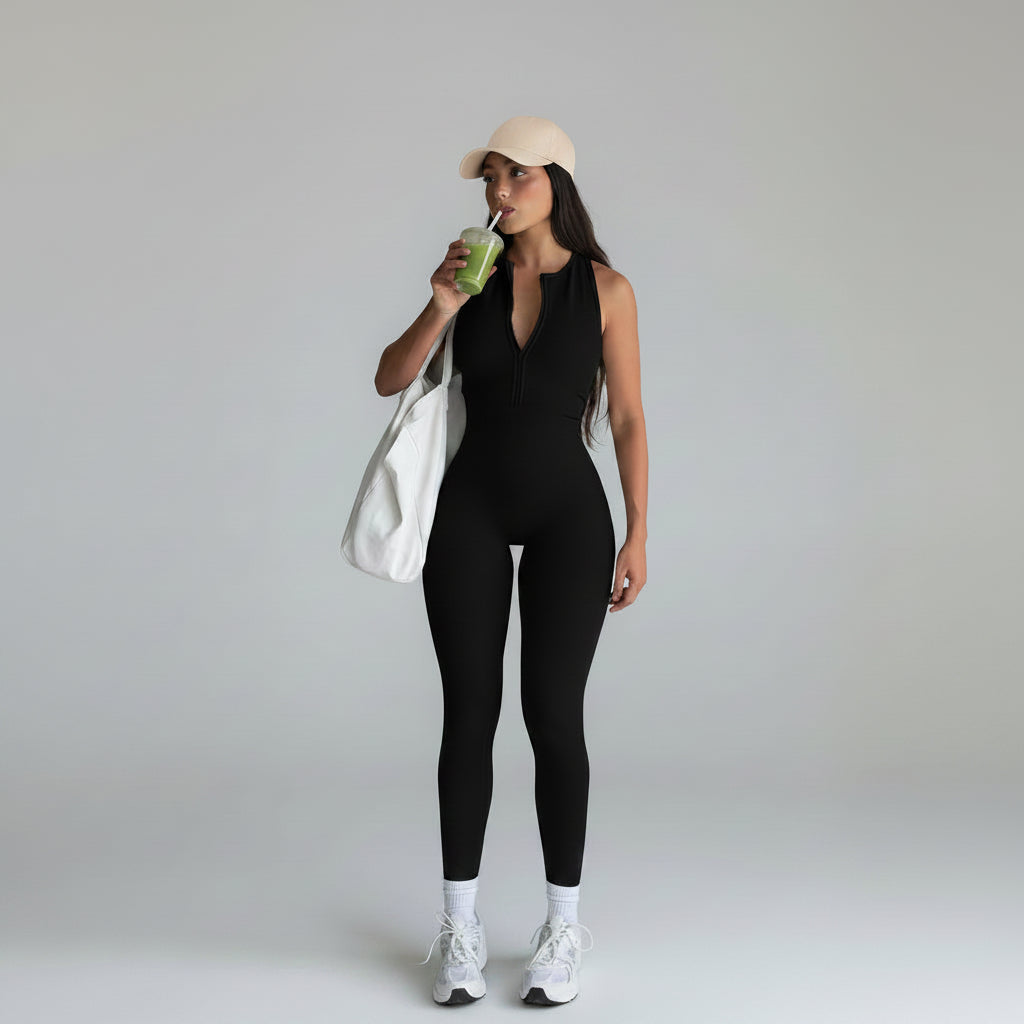 Women's Workout Jumpsuit Backless Zip Front Sleeveless Bodysuit