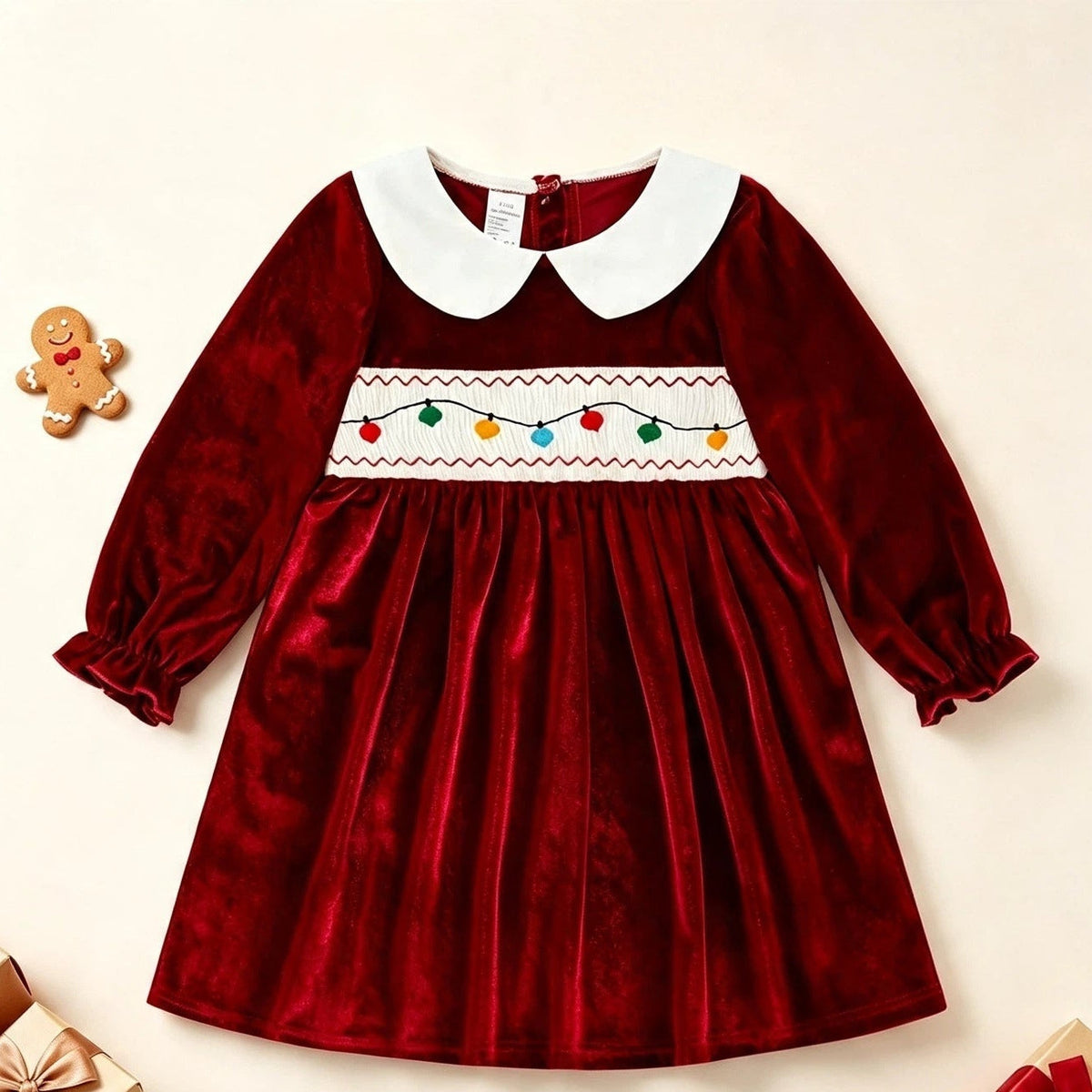 Vintage A Line Velvet Girls Dress Embroidered Peter Pan Collar - Image 6