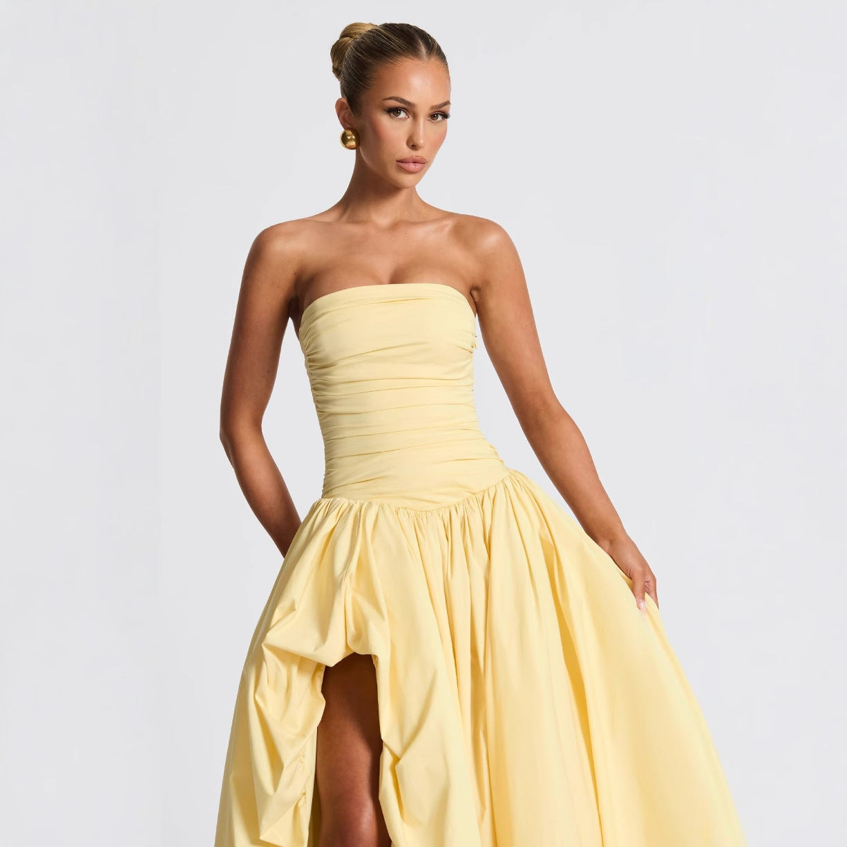 Strapless Ruched Maxi Dress Bodycon Solid Color Summer Party - Image 5