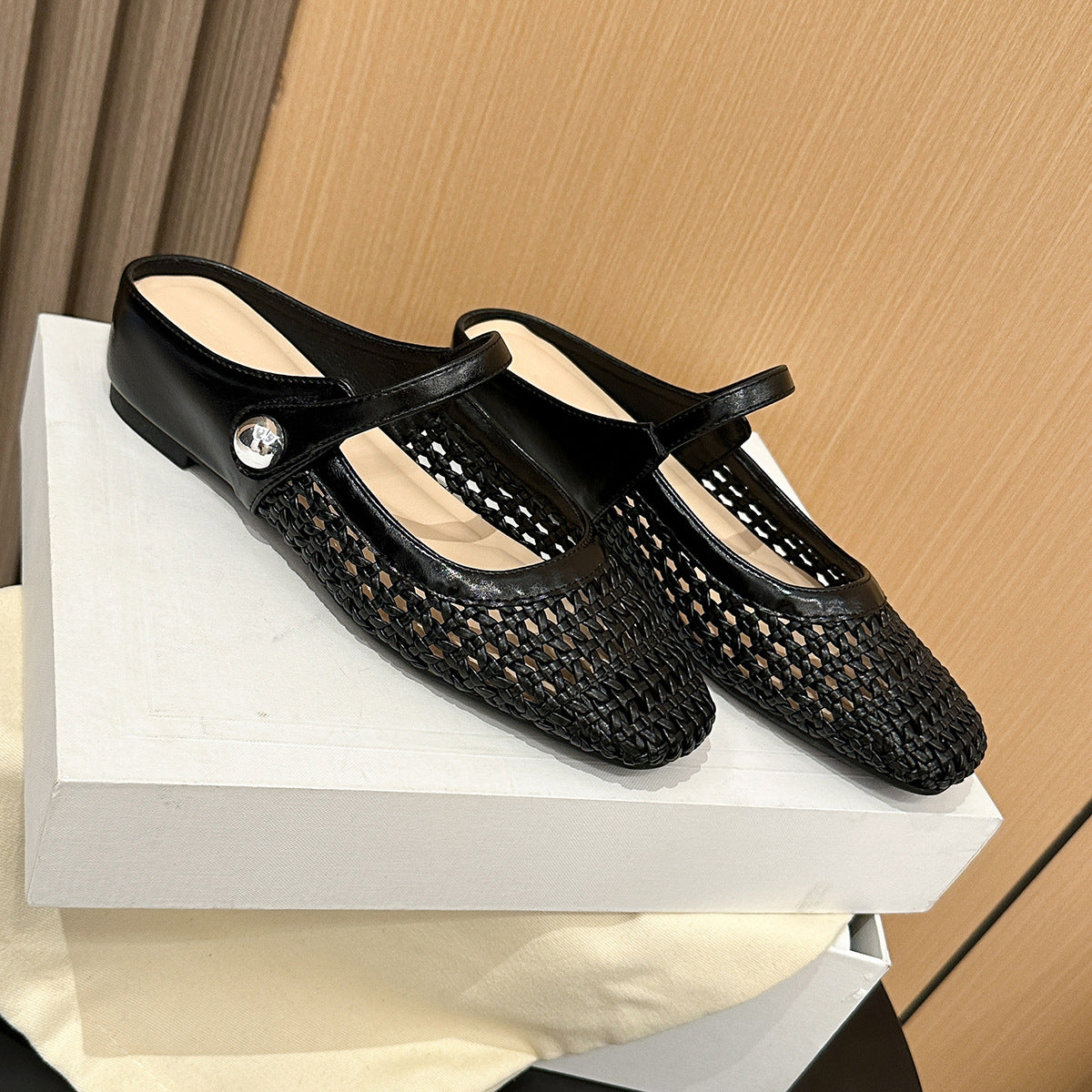 Women's woven Square-Toe Mules Woven Square Toe Slip On Flats