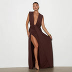 Deep V Neck Midi Dress Bodycon Asymmetrical Ruched Cocktail - Image 3