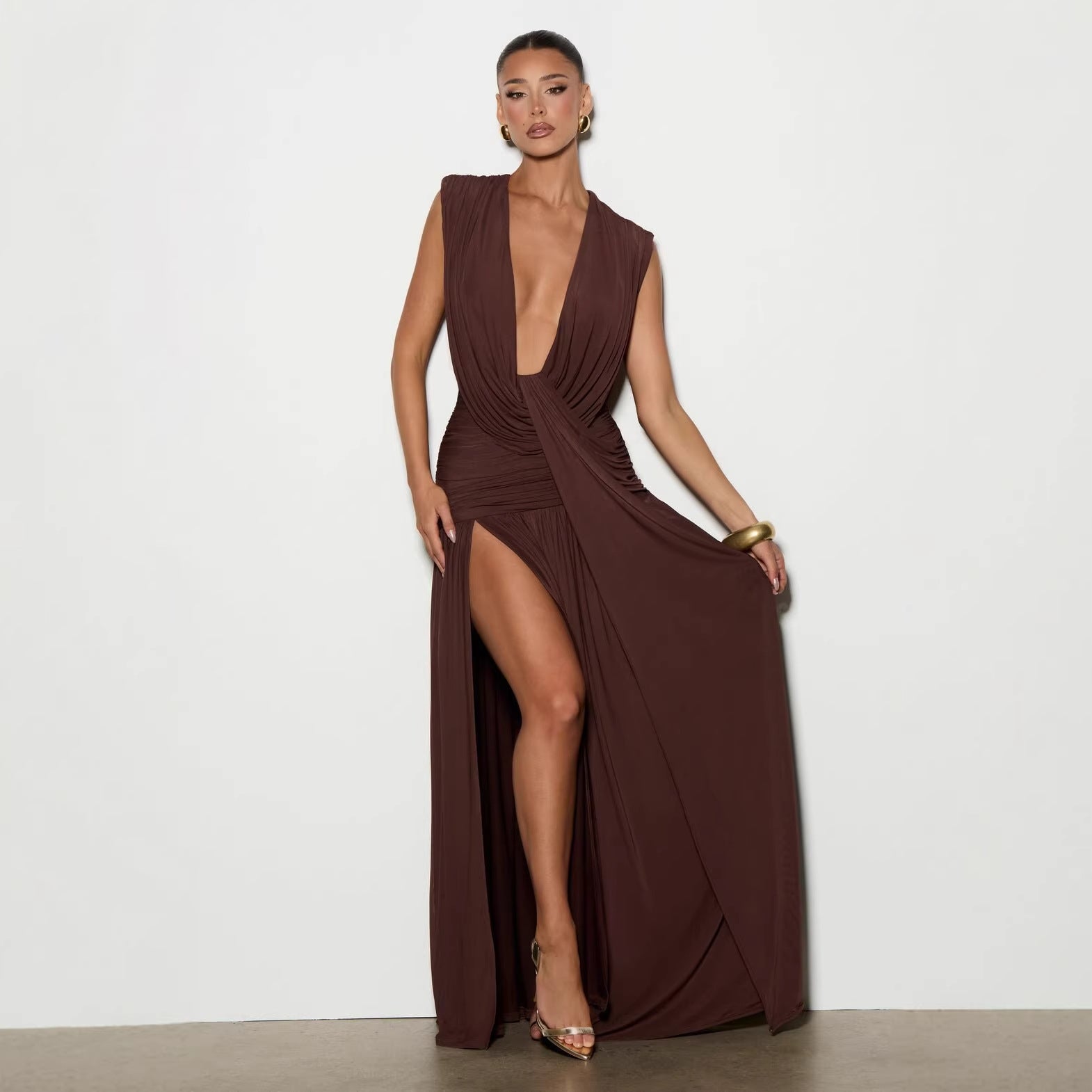 Deep V Neck Midi Dress Bodycon Asymmetrical Ruched Cocktail - Image 3