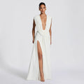 Deep V Neck Midi Dress Bodycon Asymmetrical Ruched Cocktail - Image 5