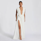 Deep V Neck Midi Dress Bodycon Asymmetrical Ruched Cocktail - Image 5
