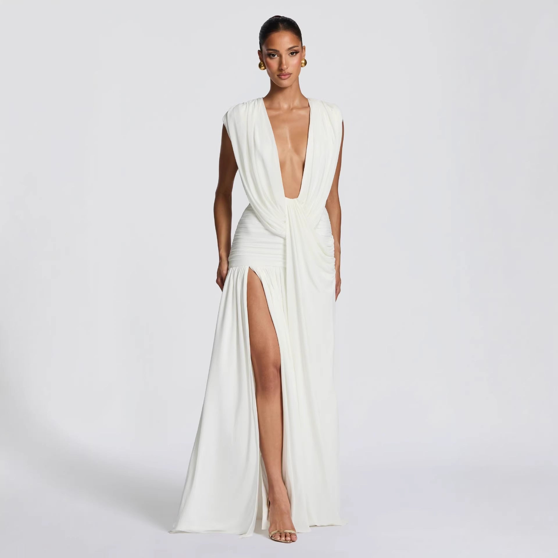 Deep V Neck Midi Dress Bodycon Asymmetrical Ruched Cocktail - Image 5