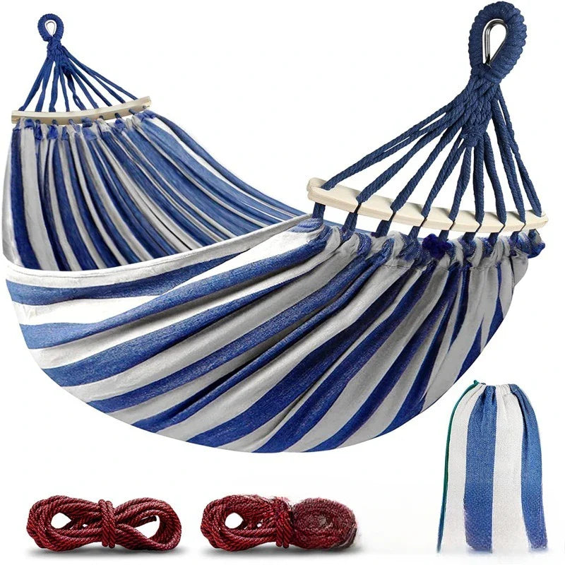 Double Hammock Canvas Anti-Roll Swing Bed Wooden Spreader Bars Camping Outdoor