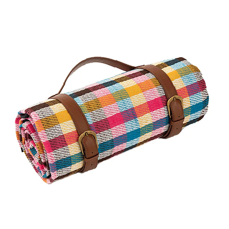 Plaid Picnic Blanket Foldable Outdoor Mat with Carry Strap