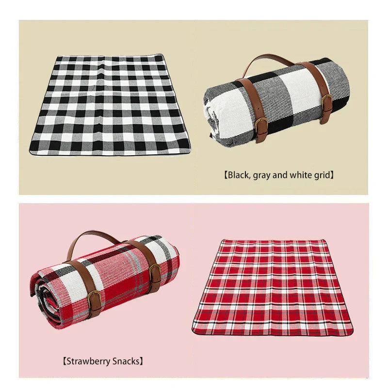 Plaid Picnic Blanket Foldable Outdoor Mat with Carry Strap