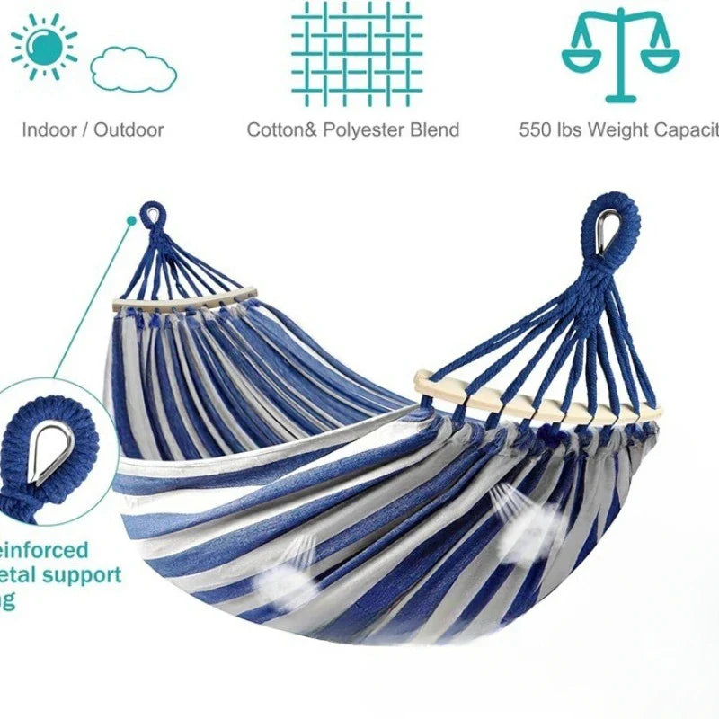 Double Hammock Canvas Anti-Roll Swing Bed Wooden Spreader Bars Camping Outdoor - Image 3