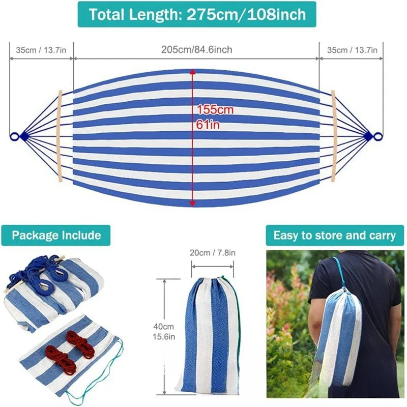 Double Hammock Canvas Anti-Roll Swing Bed Wooden Spreader Bars Camping Outdoor - Image 4