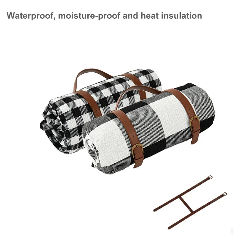 Plaid Picnic Blanket Foldable Outdoor Mat with Carry Strap