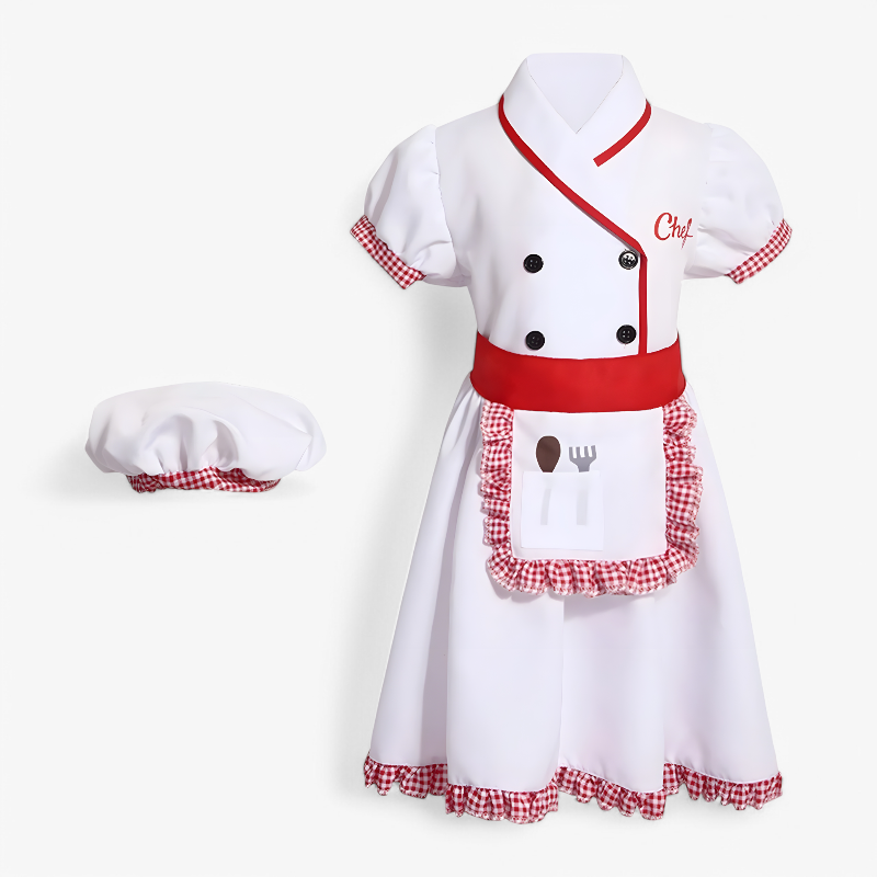 Kids Chef Costume for Girls Dress Apron Hat Set - Image 2