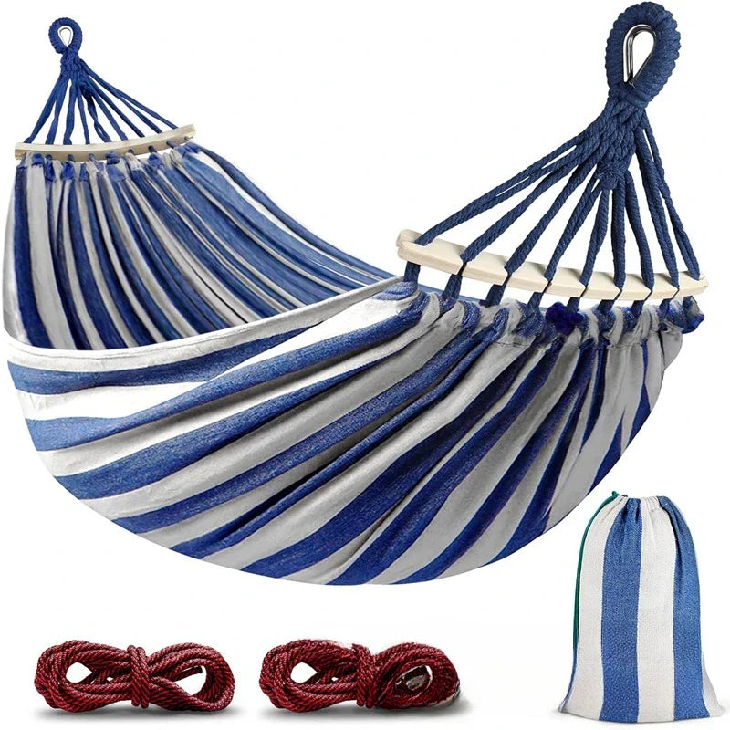 Double Hammock Canvas Anti-Roll Swing Bed Wooden Spreader Bars Camping Outdoor - Image 6
