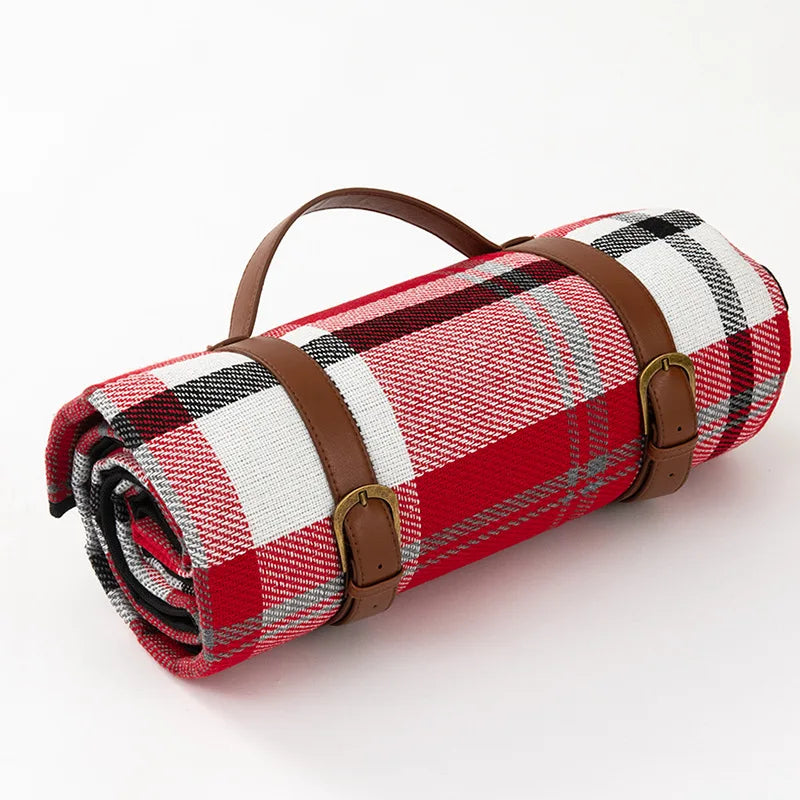 Plaid Picnic Blanket Foldable Outdoor Mat with Carry Strap