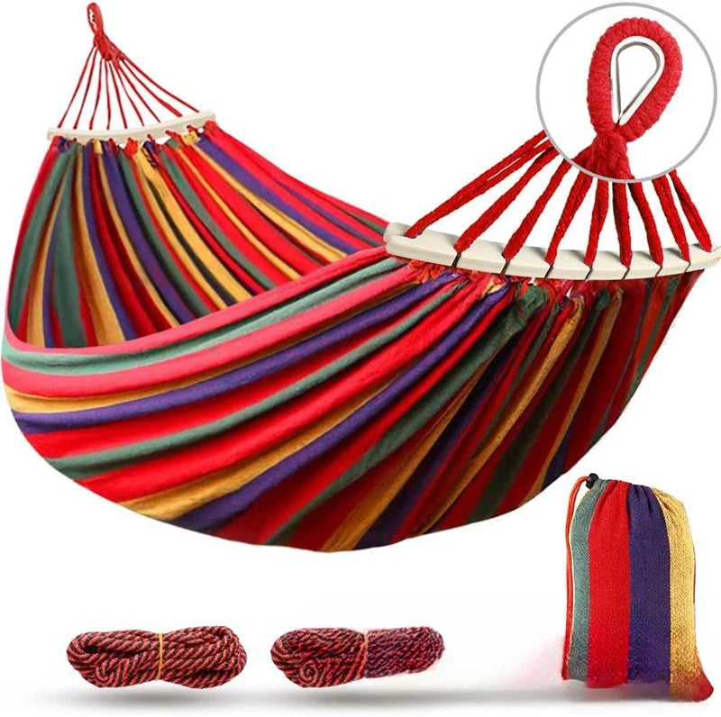 Double Hammock Canvas Anti-Roll Swing Bed Wooden Spreader Bars Camping Outdoor - Image 7