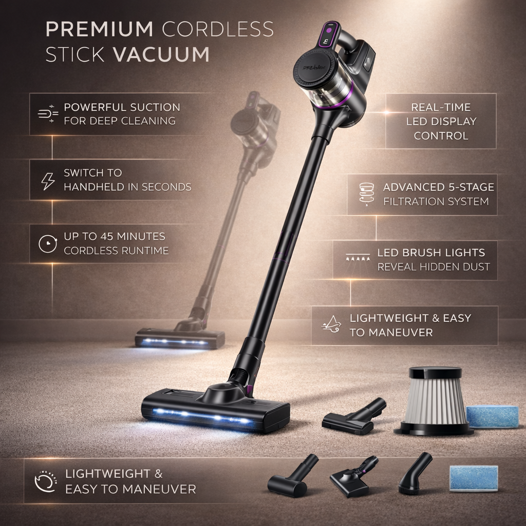 Cordless Stick Vacuum Rechargeable 2-in-1 Handheld LED Display Lightweight - Image 2