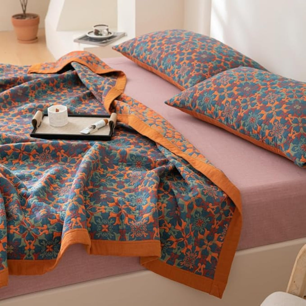 Zitrus-Sonnenaufgang: Sechs­lagige Bio-Baumwolldecke mit farbenfrohem Muster & weicher Struktur – für Schlafzimmer & Wohnzimmer - Image 3