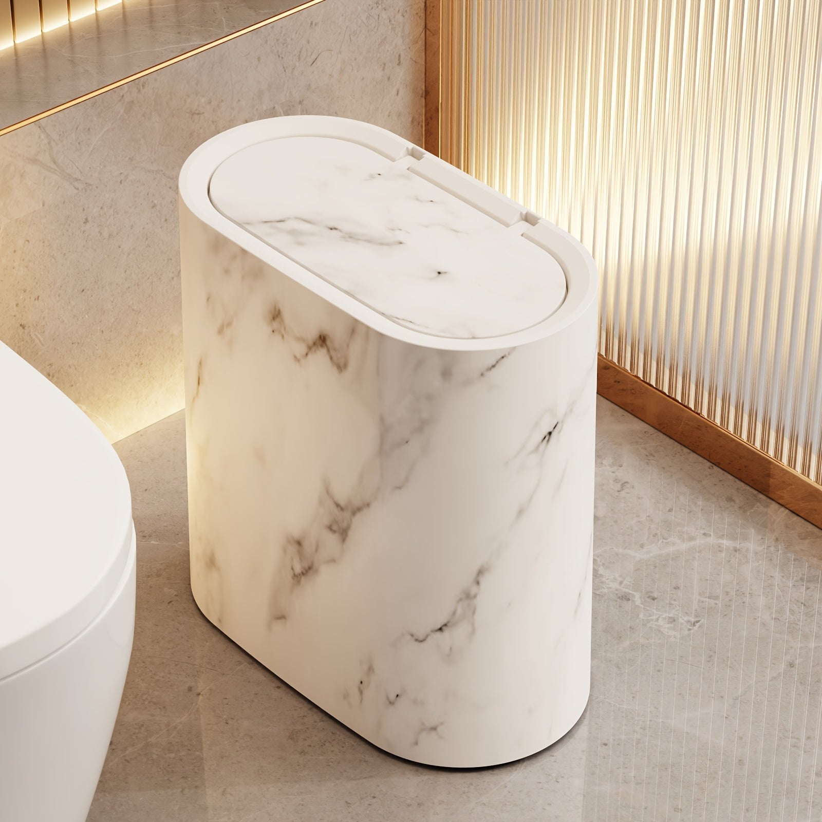 Bathroom Trash Can Lid Marble Pattern Compact Kitchen Bin - Image 2
