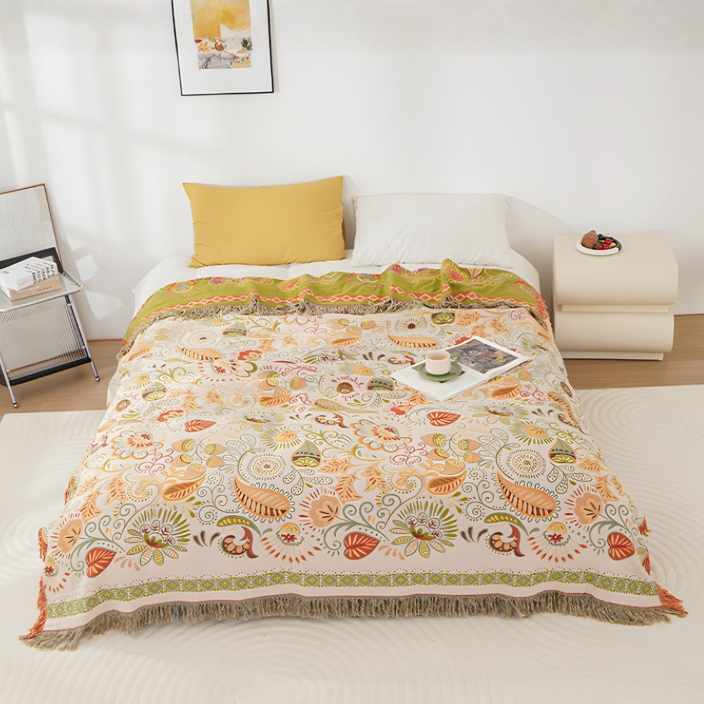 Boho Reversible Blanket Vibrant Floral Design with Tasselled Edges