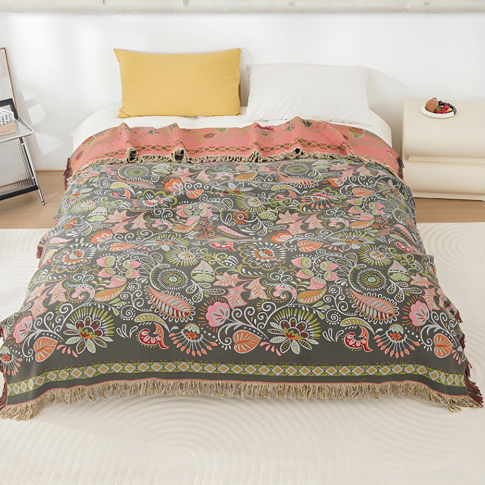 Boho Reversible Blanket Vibrant Floral Design with Tasselled Edges
