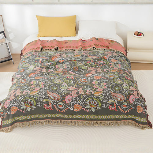 Boho Reversible Blanket Vibrant Floral Design with Tasselled Edges
