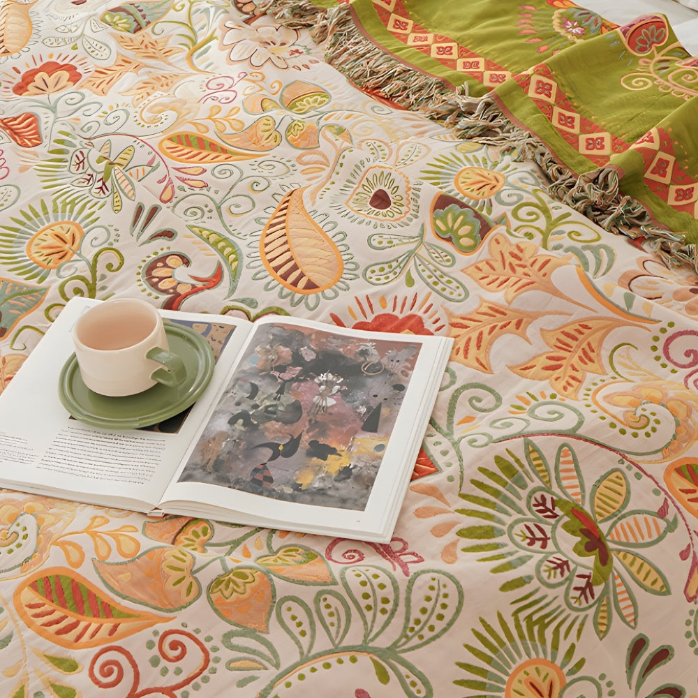 Boho Reversible Blanket Vibrant Floral Design with Tasselled Edges