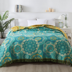 Bondilane — Artistic Bohemian Cosy Blanket with Teal-Gold Pattern for Bed and Couch