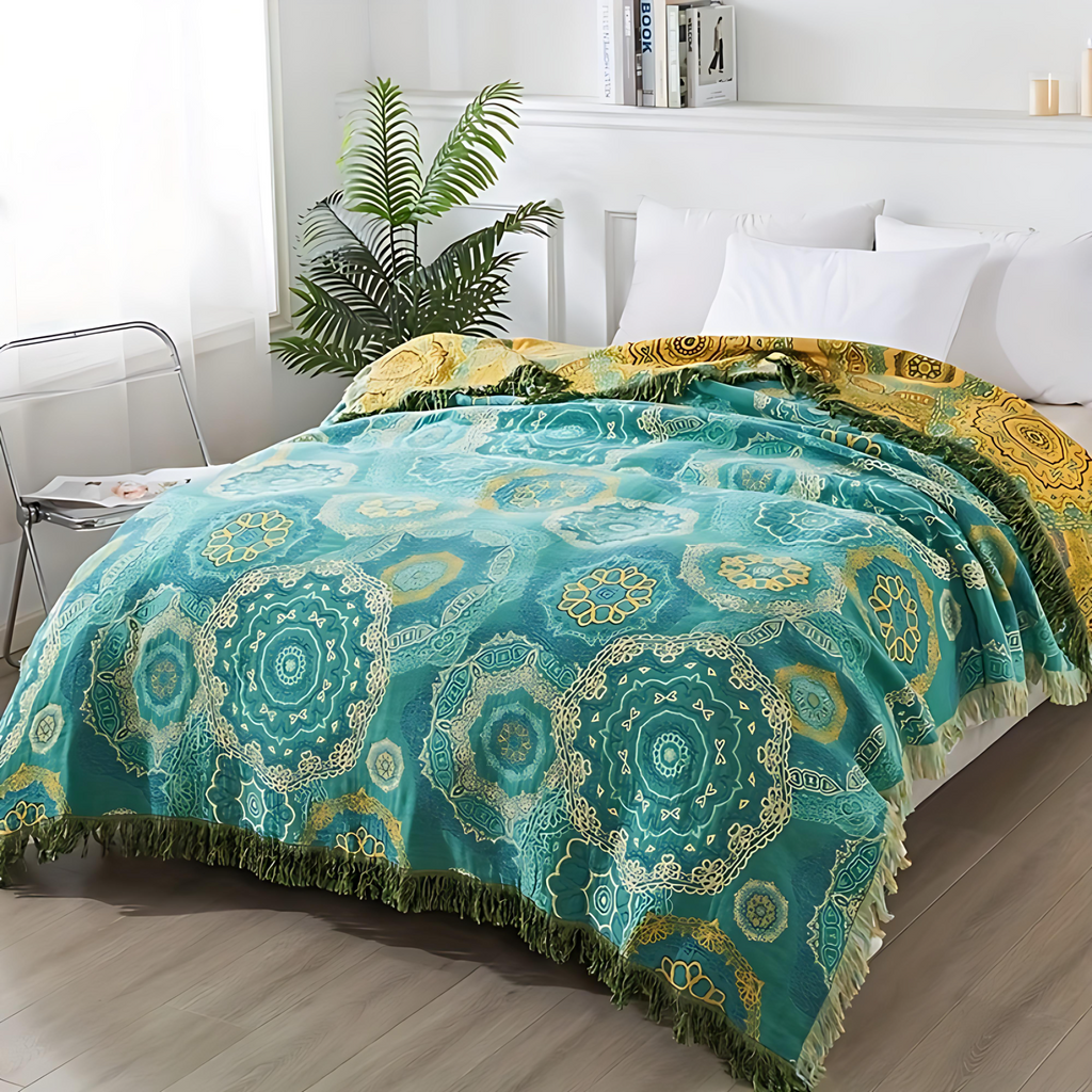 Bondilane — Artistic Bohemian Cosy Blanket with Teal-Gold Pattern for Bed and Couch