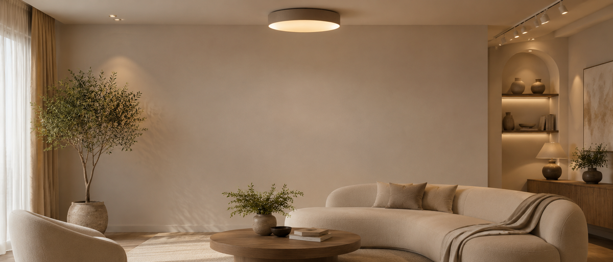 Round flush ceiling light above a cream curved sofa, wood coffee table and indoor tree.