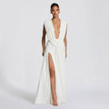 Bondilane — Deep V Neck Midi Dress Bodycon Asymmetrical Ruched Cocktail