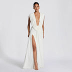 Bondilane — Deep V Neck Midi Dress Bodycon Asymmetrical Ruched Cocktail