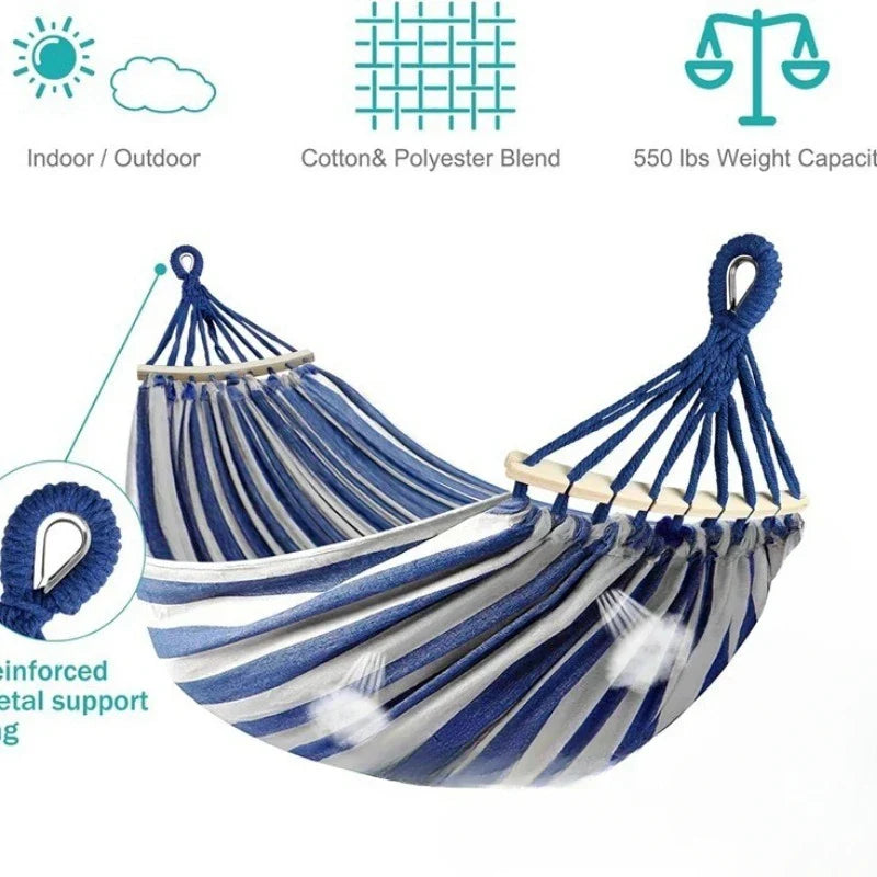 Bondilane — Double Hammock Canvas Anti-Roll Swing Bed Wooden Spreader Bars Camping Outdoor